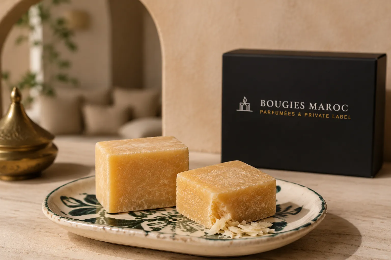 Utilisation d’un bloc d’ambre parfumé marocain sur une coupelle artisanale